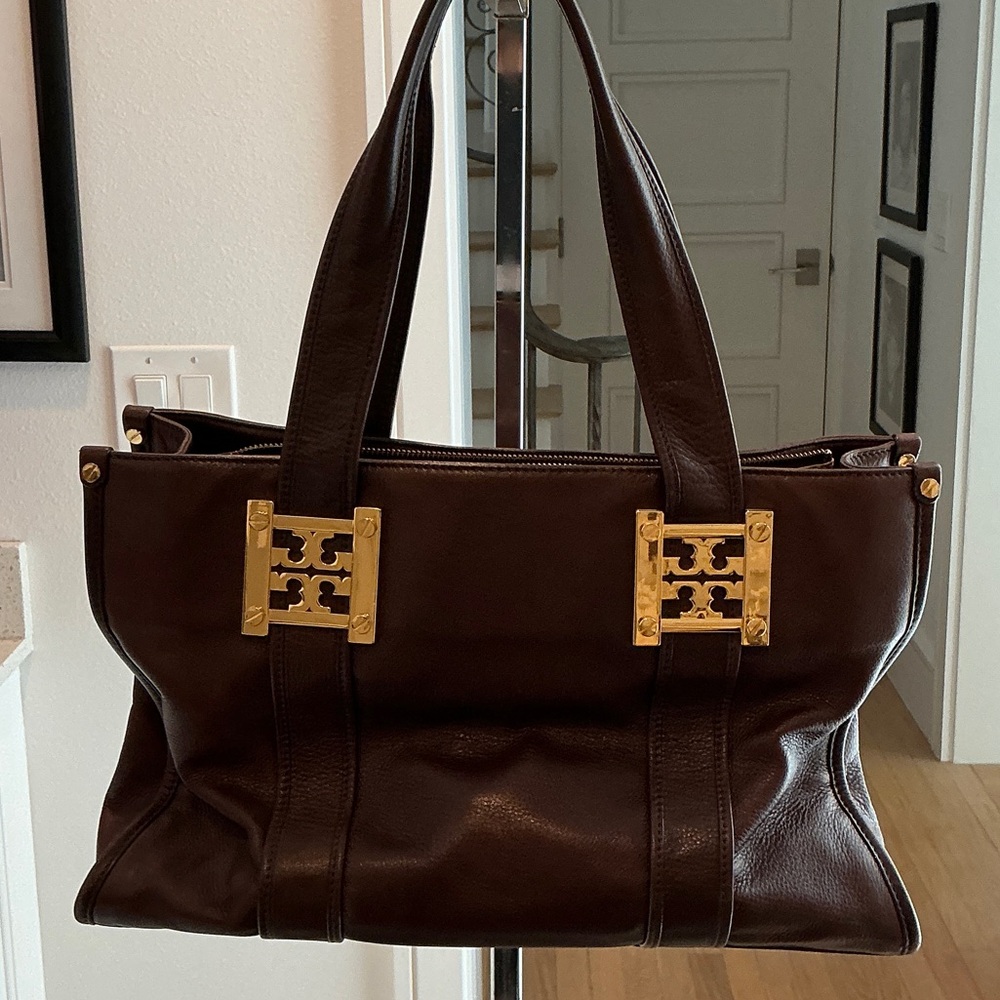 Tory Burch Dark Brown Leather Shoulder Bag with Gold Accents